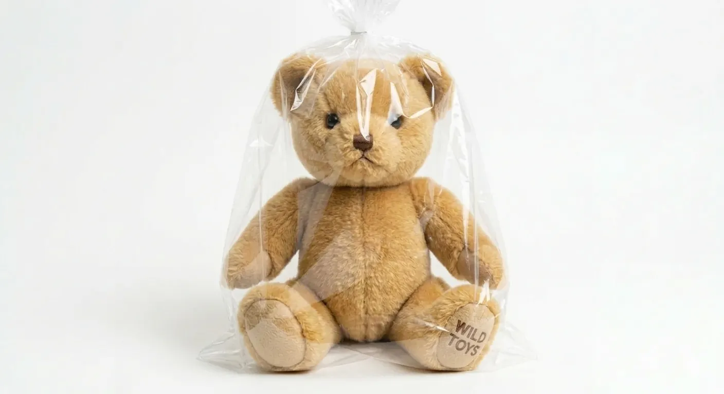 A clean teddy bear sealed in a clear bag, ready to go home