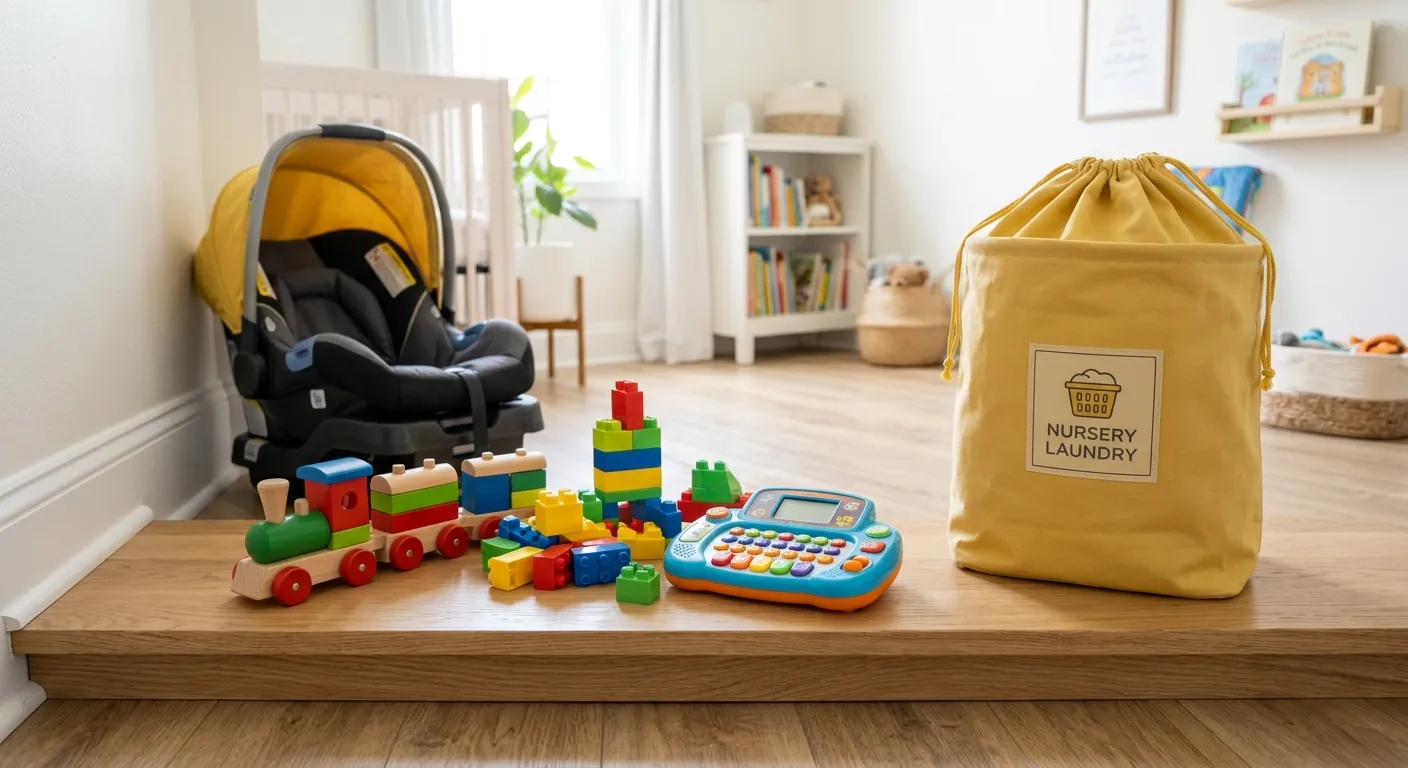 A car seat, building blocks, a wooden train and a toy with buttons kept apart from the laundry bag