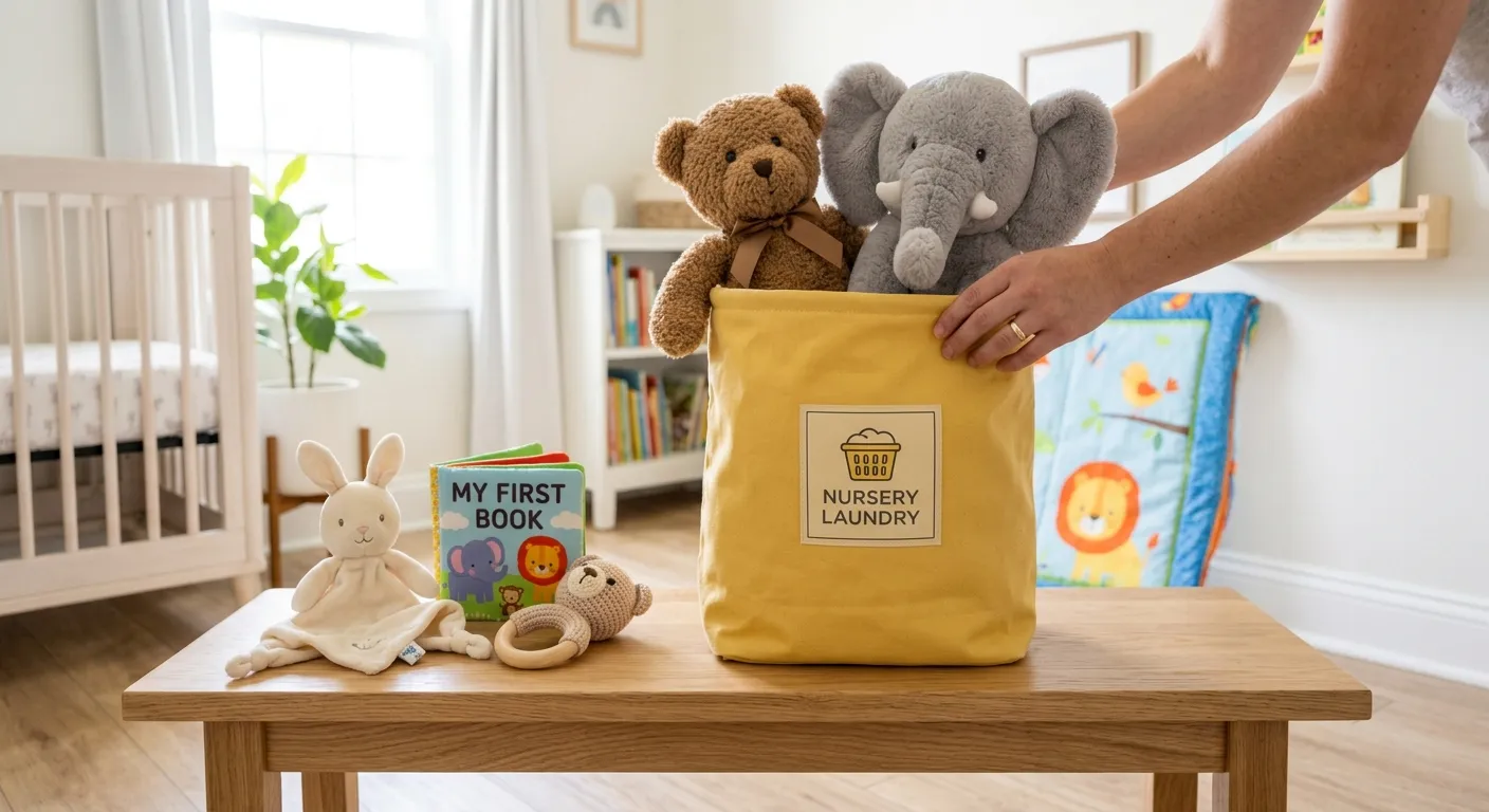 A parent putting a teddy and a plush elephant into a laundry bag, with more soft toys beside it