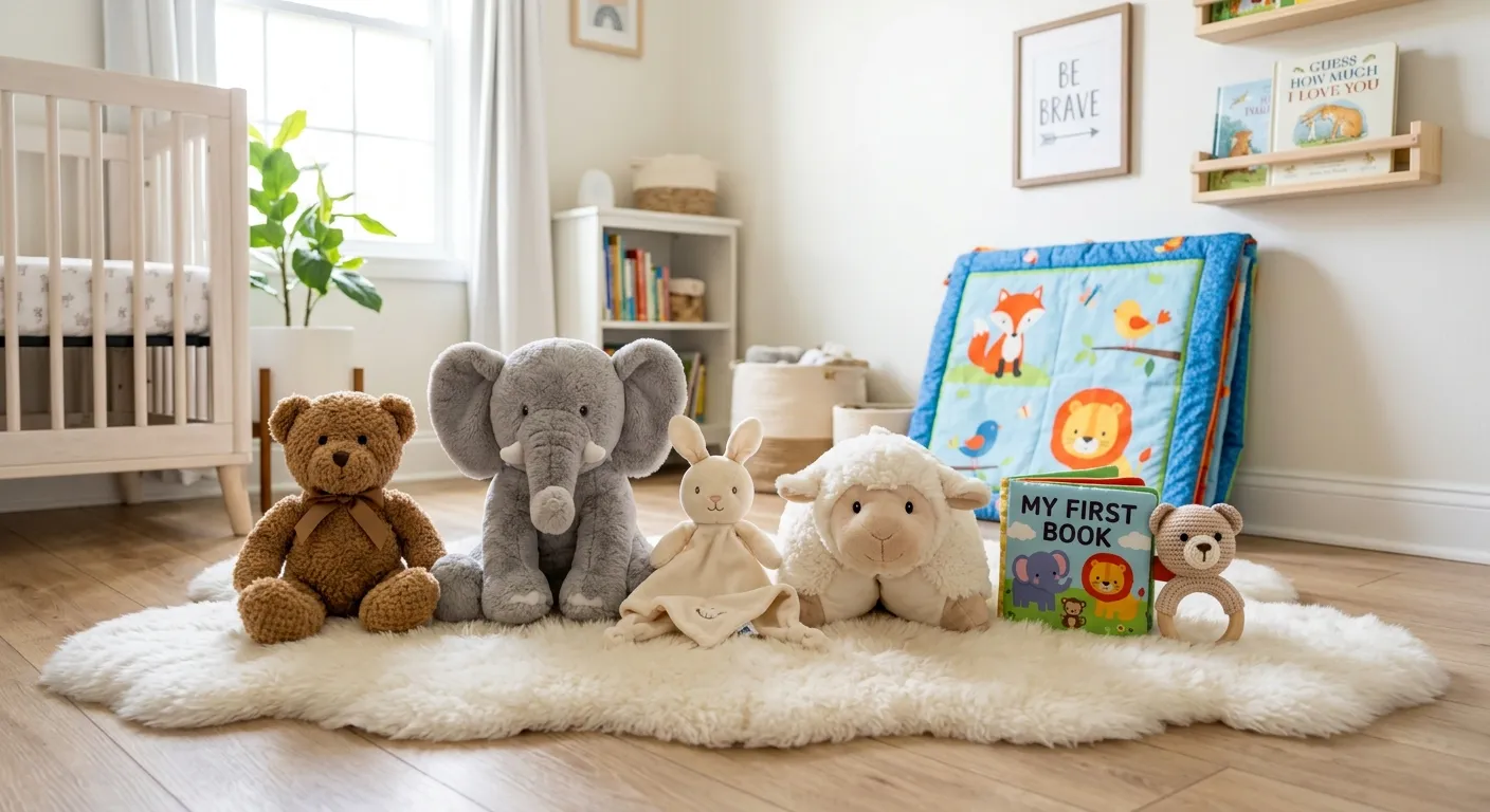 Clean soft toys on a white rug: a teddy, a plush elephant, a bunny comforter, a lamb, a cloth book and a soft rattle