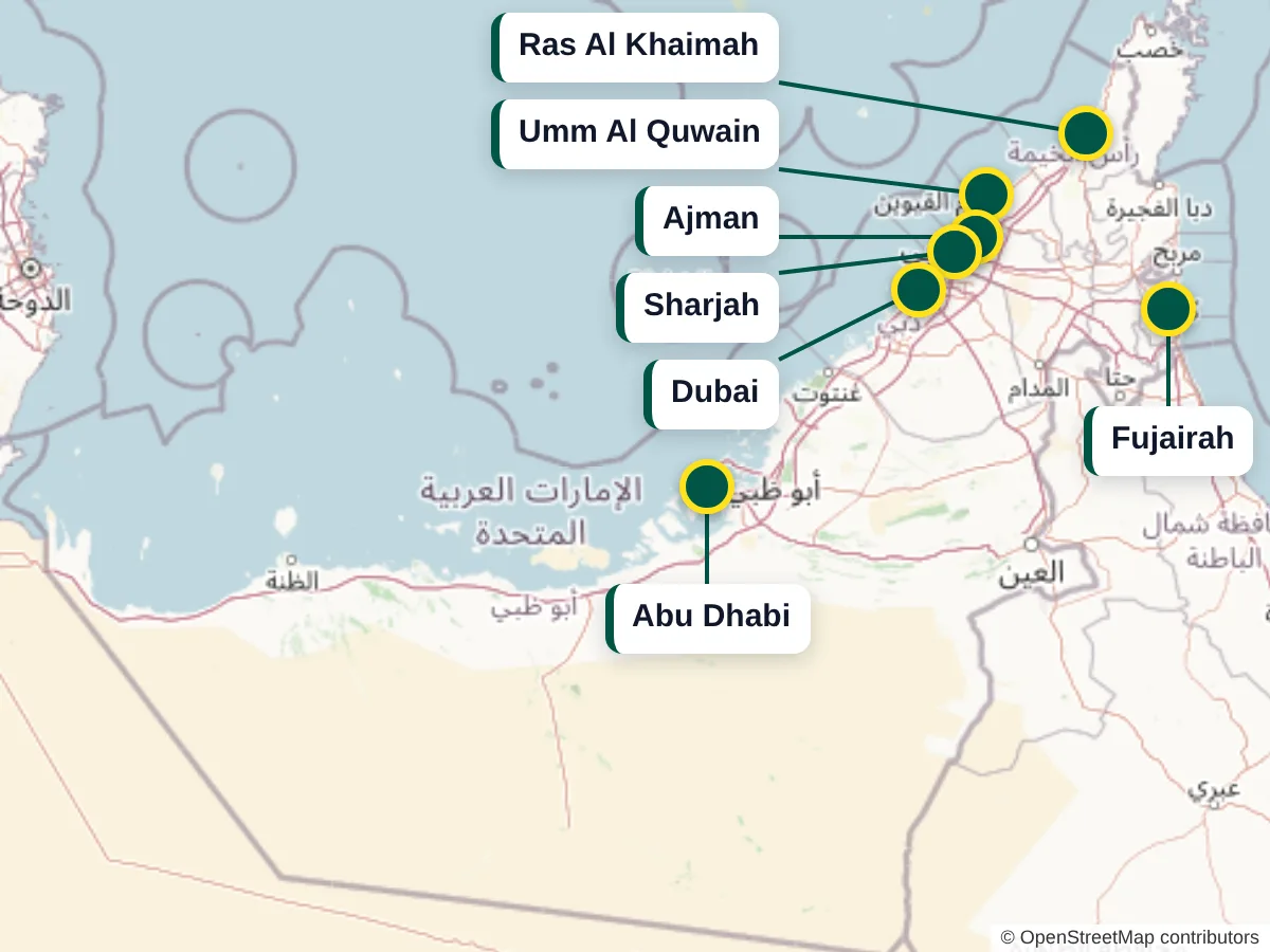 Map of the UAE with all seven emirates marked: Abu Dhabi, Dubai, Sharjah, Ajman, Umm Al Quwain, Ras Al Khaimah and Fujairah