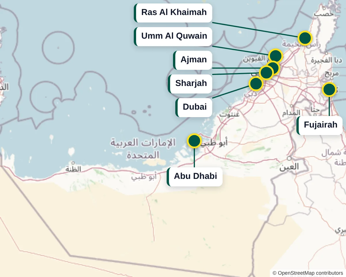 Map of the UAE with all seven emirates marked: Abu Dhabi, Dubai, Sharjah, Ajman, Umm Al Quwain, Ras Al Khaimah and Fujairah