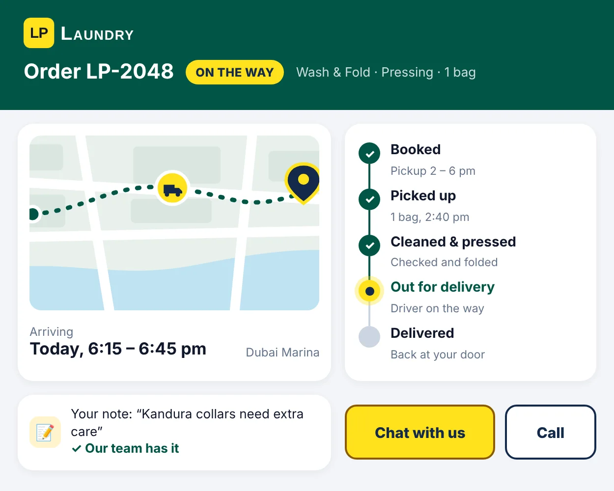 The LP Laundry order tracker, showing a bag out for delivery in Dubai Marina