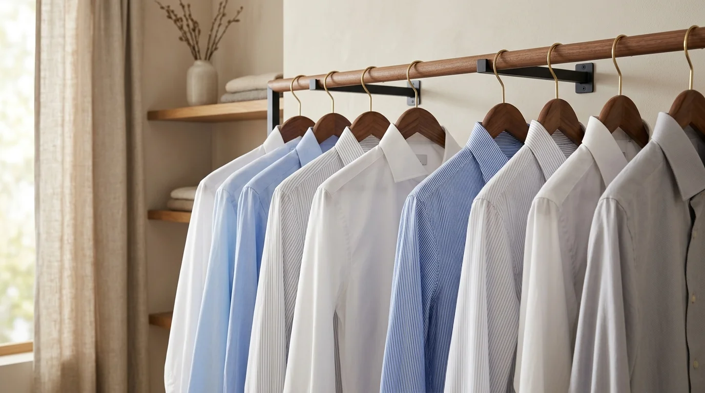 A pressed shirt on a hanger, ready to go back to a Mudon home