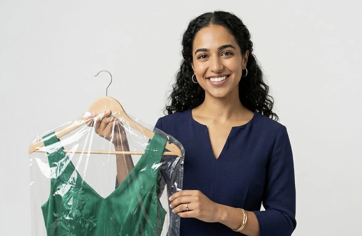 A customer holding a dress back from dry cleaning, in its clear cover
