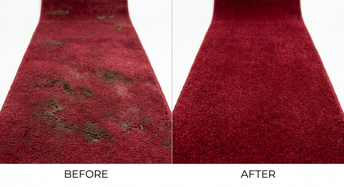 A red carpet before and after cleaning