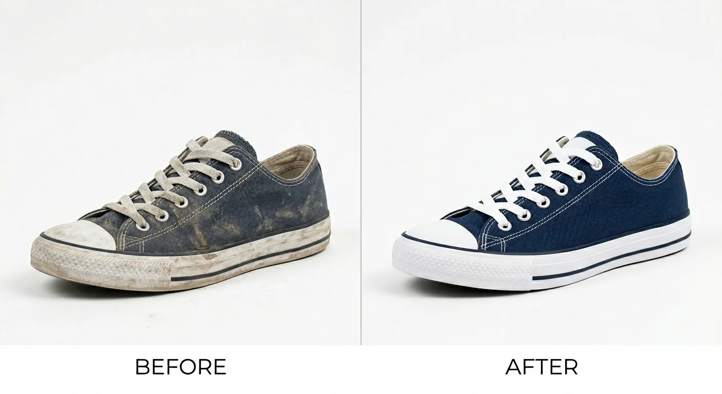 A pair of canvas trainers before and after cleaning