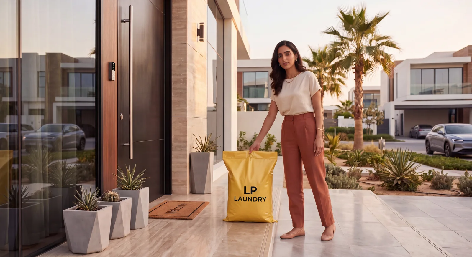 A woman outside her villa with a laundry bag ready for pickup