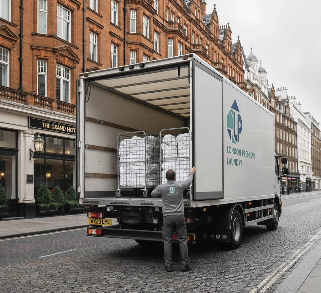 LP Laundry delivery vehicle unloading fresh linen outside a London hotel