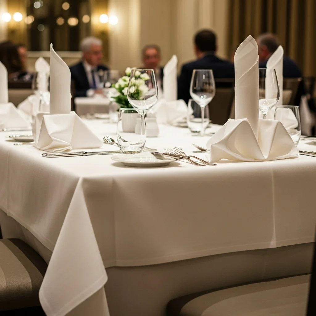 Pressed tablecloths and folded napkins laid up for service in East Acton