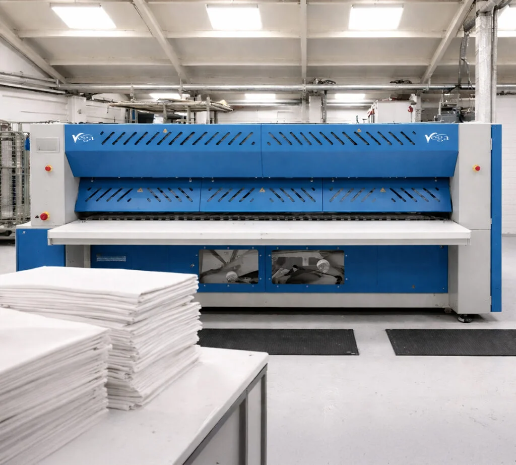 Flatwork ironer pressing bed linen at the Wembley plant serving Leigh