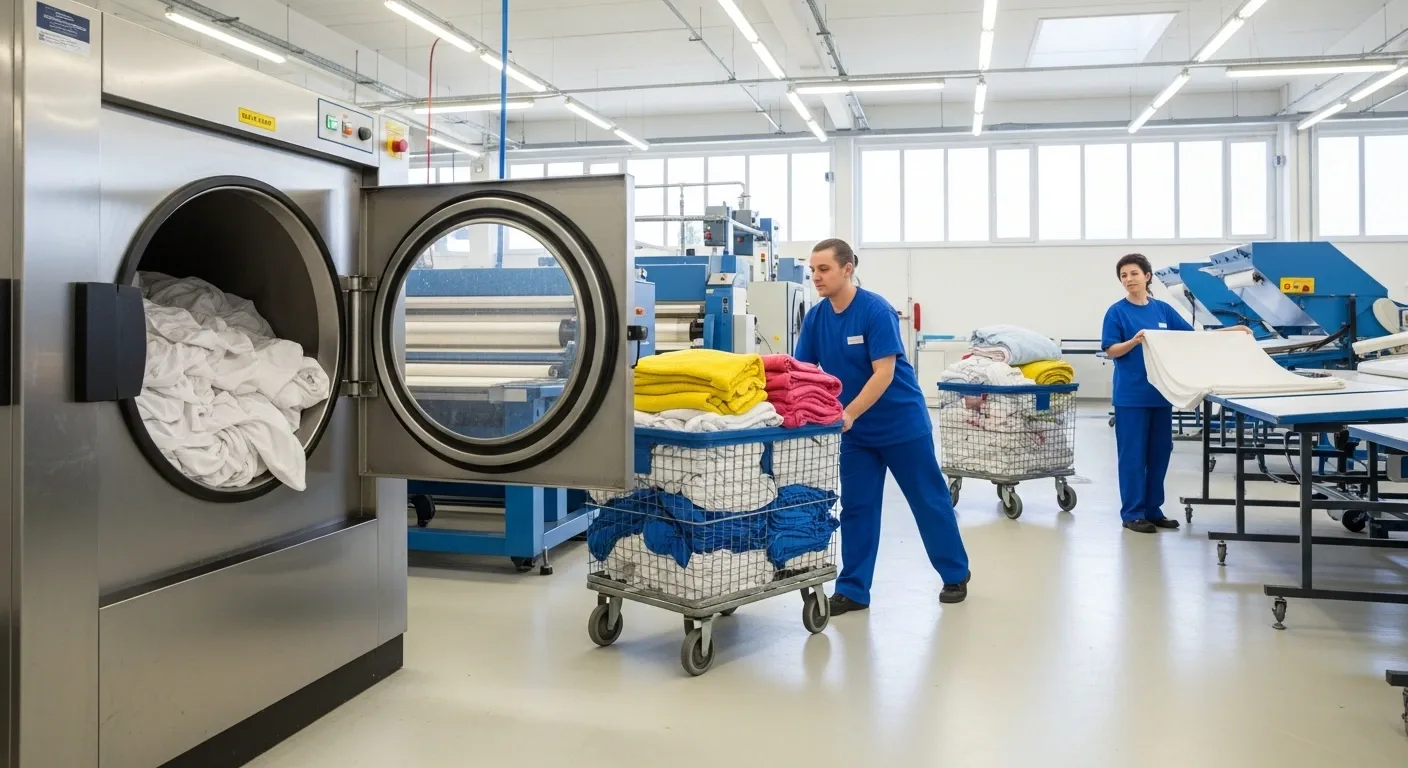 LP Laundry production floor: staff loading industrial washers and finishing linen